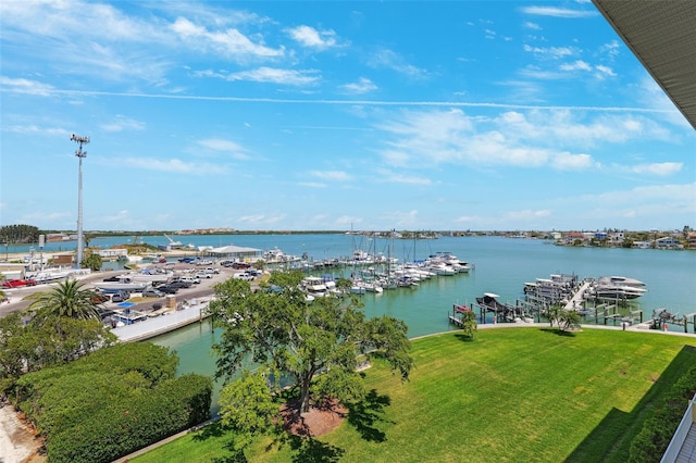 view of water feature with a dock and boat lift