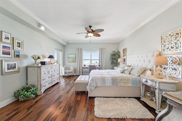 bedroom featuring ornamental molding, ceiling fan, baseboards, and dark wood finished floors