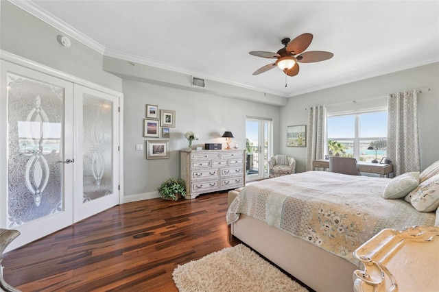 bedroom with visible vents, access to exterior, wood finished floors, and french doors
