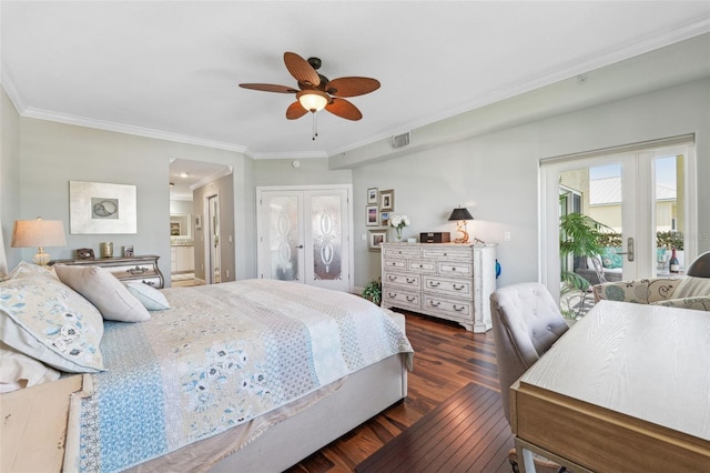 bedroom featuring dark wood-style floors, crown molding, access to exterior, visible vents, and french doors