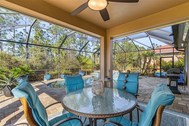 20605 Long Pond Rd, North Fort Myers, FL 33917 - view of patio / terrace featuring a lanai, a ceiling fan, an outdoor pool, and outdoor dining area