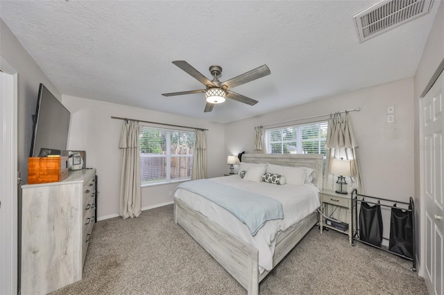 8805 Van Fleet Rd, Riverview, FL 33578 - carpeted bedroom featuring visible vents, multiple windows, a textured ceiling, and ceiling fan