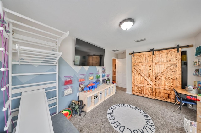 8805 Van Fleet Rd, Riverview, FL 33578 - game room featuring carpet floors, visible vents, and a barn door