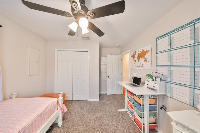 8805 Van Fleet Rd, Riverview, FL 33578 - bedroom featuring a closet, light colored carpet, a ceiling fan, visible vents, and baseboards