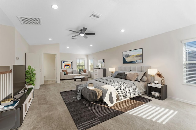bedroom featuring visible vents, recessed lighting, and light carpet