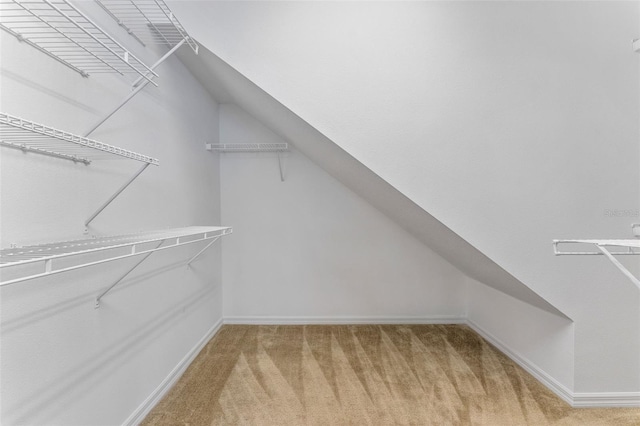 walk in closet with light carpet and vaulted ceiling