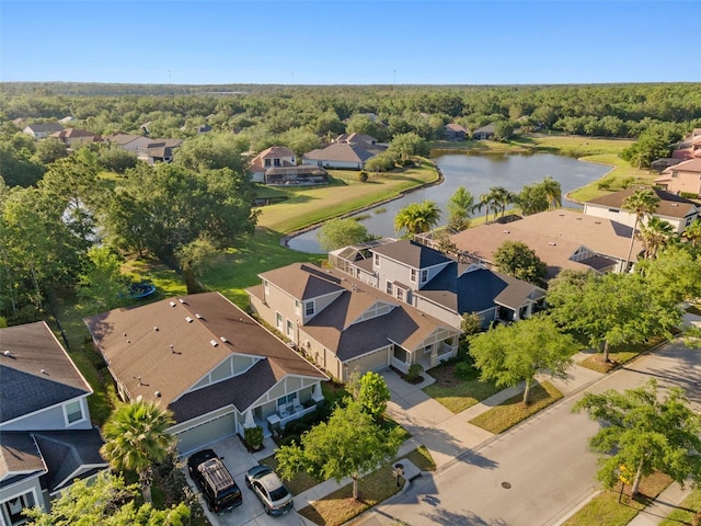 birds eye view of property featuring a water view and a residential view