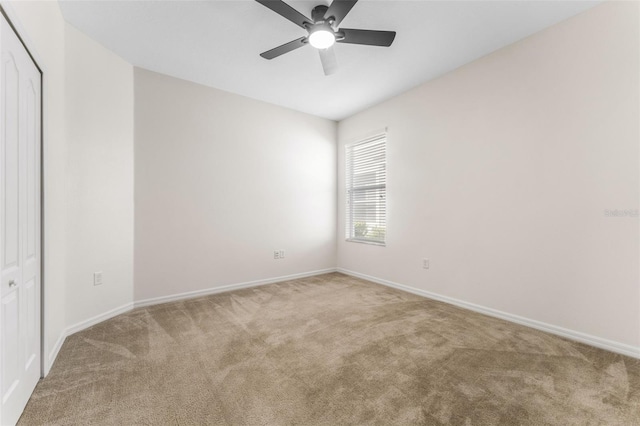 unfurnished room with ceiling fan, carpet flooring, and baseboards