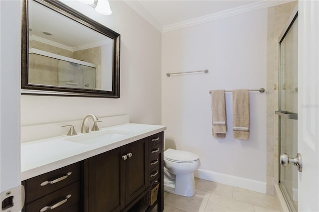 full bath with vanity, a shower stall, ornamental molding, and toilet