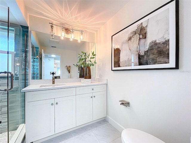 773 Snug Is, Clearwater Beach, FL 33767 - full bathroom featuring marble finish flooring, a stall shower, baseboards, toilet, and vanity