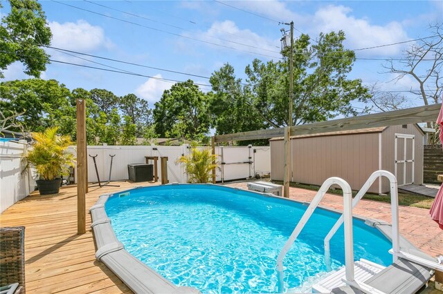 view of pool featuring a fenced in pool, a storage unit, a fenced backyard, and an outdoor structure