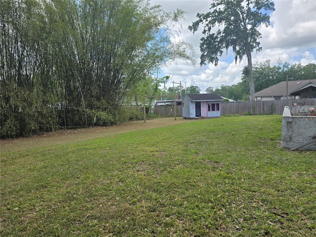 view of yard with an outbuilding and a fenced backyard