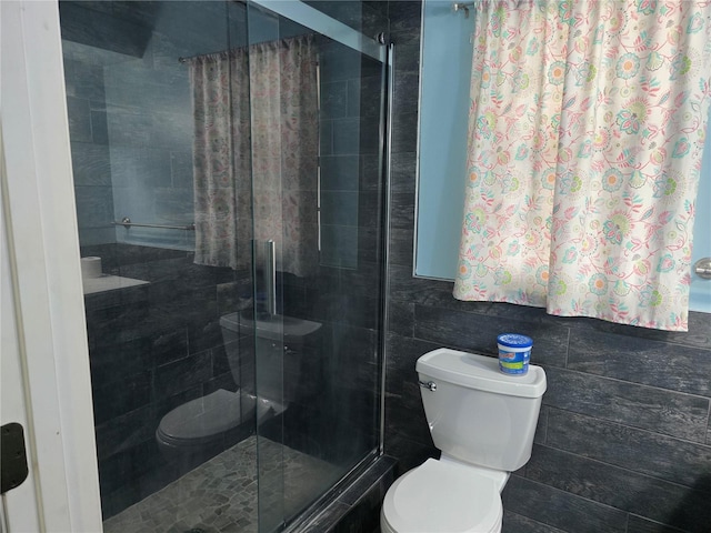 bathroom with toilet and a shower stall