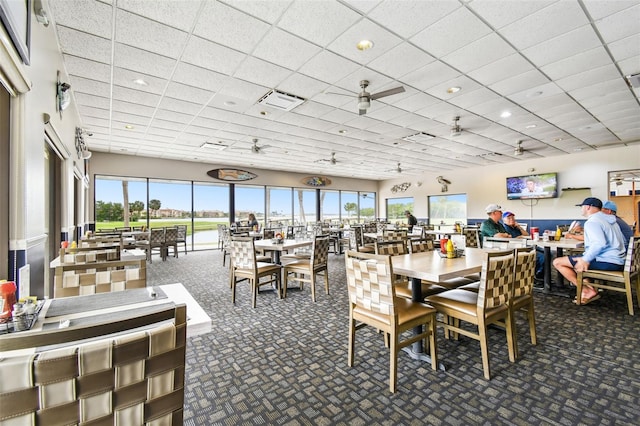 dining room featuring a paneled ceiling, recessed lighting, visible vents, and carpet floors