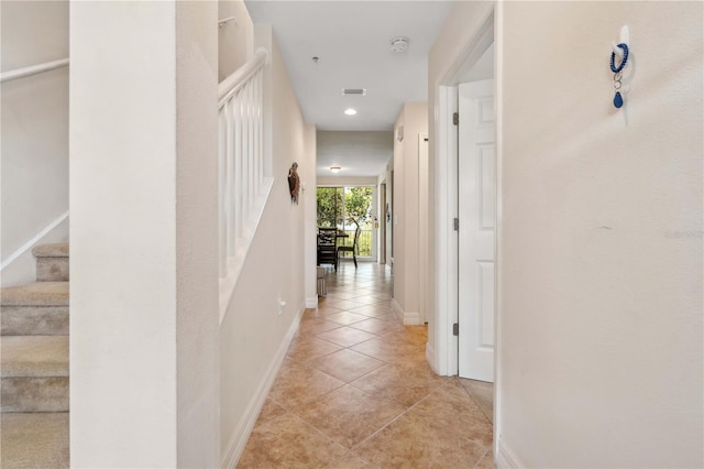 456 Bahia Beach Blvd, Ruskin, FL 33570 - corridor featuring light tile patterned floors, baseboards, visible vents, recessed lighting, and stairs