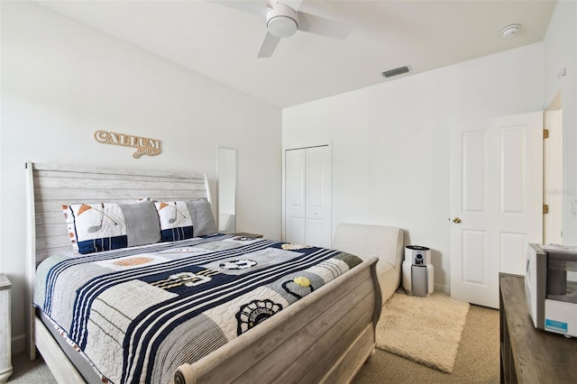 10011 Parley Dr, Tampa, FL 33626 - bedroom with a closet, ceiling fan, carpet flooring, and visible vents