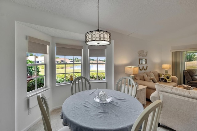 dining area featuring a water view, a textured ceiling, light colored carpet, and baseboards