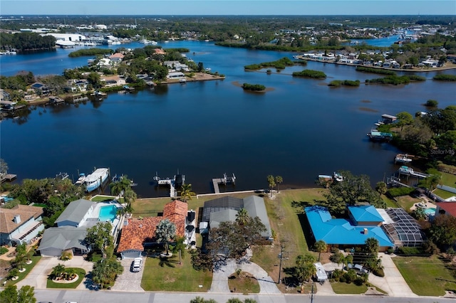 aerial view featuring a water view
