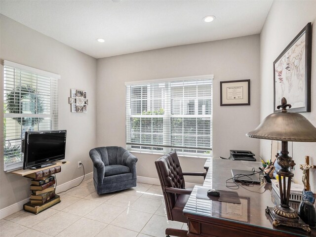 office area with baseboards, recessed lighting, and light tile patterned floors