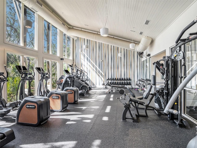 workout area featuring a high ceiling and visible vents