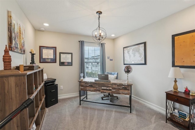 office space with a chandelier, recessed lighting, baseboards, and carpet floors