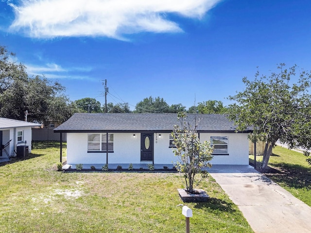 view of front of home with concrete driveway, a front lawn, a shingled roof, and central air condition unit