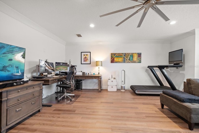 home office with ceiling fan, light wood-type flooring, ornamental molding, visible vents, and recessed lighting