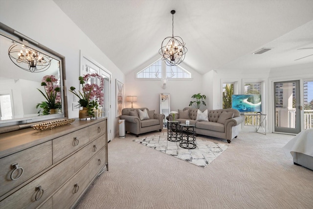 living area with a notable chandelier, light colored carpet, and visible vents