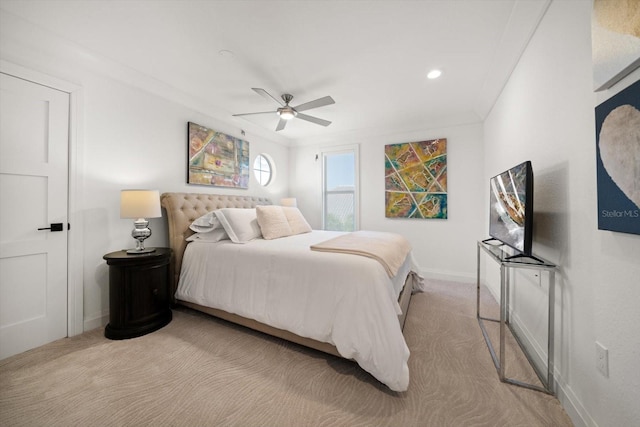 bedroom with carpet floors, baseboards, recessed lighting, and ceiling fan
