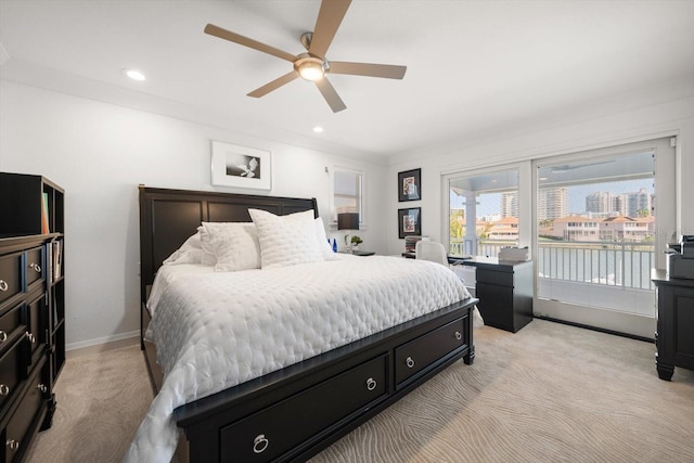 bedroom with baseboards, recessed lighting, access to exterior, ceiling fan, and light colored carpet