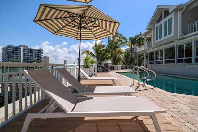 view of pool with a fenced in pool and a patio