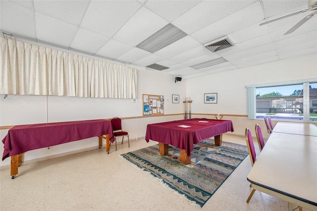 6920 Lafayette N Unit 6920, Pinellas Park, FL 33781 - rec room with a paneled ceiling, ceiling fan, pool table, visible vents, and tile patterned floors