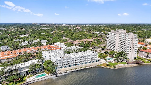 bird's eye view with a water view