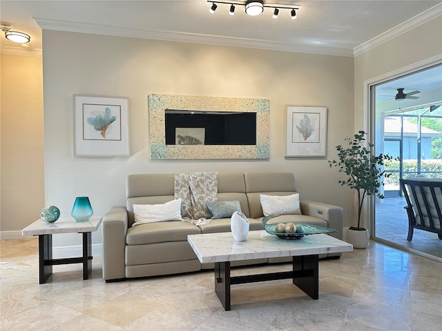 living area featuring baseboards, ornamental molding, and track lighting