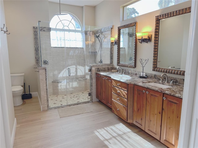 full bathroom featuring toilet, double vanity, a sink, and a stall shower