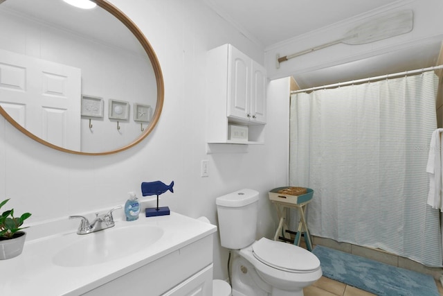 2215 Thrace St, Tampa, FL 33605 - full bathroom with ornamental molding, toilet, vanity, curtained shower, and tile patterned flooring