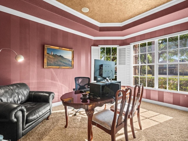 carpeted office space featuring a tray ceiling, baseboards, and ornamental molding