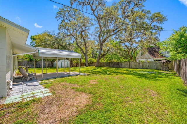 view of yard with a patio area, a detached carport, an outdoor structure, a fenced backyard, and a storage unit