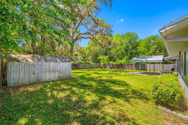 view of yard with a storage shed, an outdoor structure, a fenced backyard, and a patio area