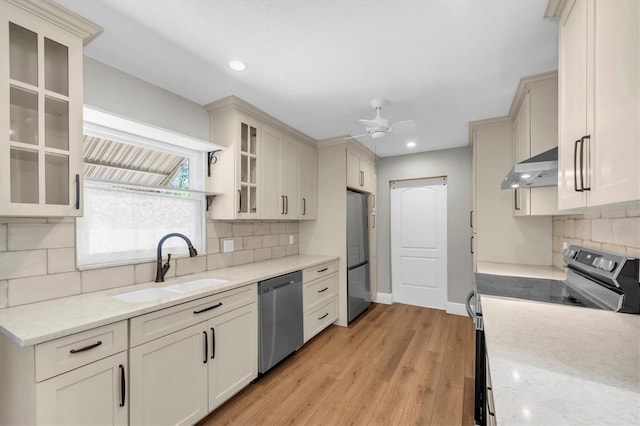 kitchen featuring tasteful backsplash, light wood-type flooring, under cabinet range hood, a sink, and stainless steel appliances
