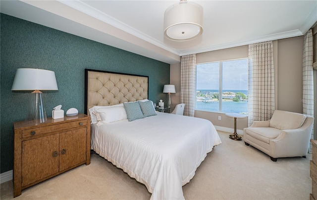 1325 Snell Isle Blvd NE Unit 607, Saint Petersburg, FL 33704 - bedroom featuring crown molding, light carpet, baseboards, and a water view