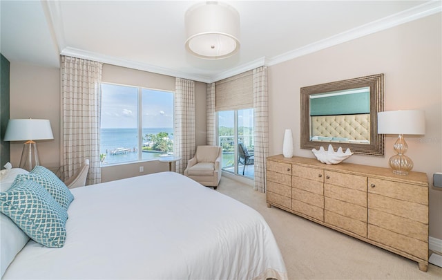 1325 Snell Isle Blvd NE Unit 607, Saint Petersburg, FL 33704 - bedroom featuring crown molding, light colored carpet, access to exterior, and a water view