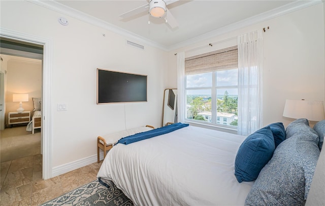 1325 Snell Isle Blvd NE Unit 607, Saint Petersburg, FL 33704 - bedroom with ornamental molding, stone tile flooring, baseboards, and a ceiling fan
