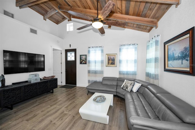 525 Lexington St, Dunedin, FL 34698 - living room featuring wooden ceiling with exposed beams, a ceiling fan, wood finished floors, and high vaulted ceiling