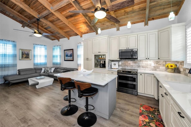 525 Lexington St, Dunedin, FL 34698 - kitchen with appliances with stainless steel finishes, a ceiling fan, wood ceiling, open floor plan, and a sink