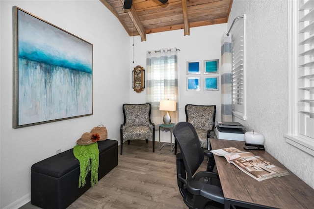 525 Lexington St, Dunedin, FL 34698 - home office with wooden ceiling, wood finished floors, and ceiling fan