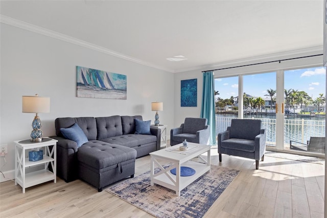living room featuring crown molding, light wood finished floors, and a water view