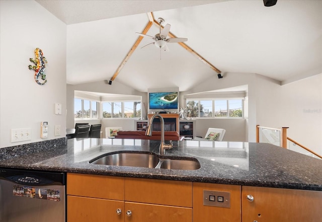 118 94th Ave, Treasure Island, FL 33706 - kitchen featuring ceiling fan, lofted ceiling with beams, dishwasher, a sink, and open floor plan
