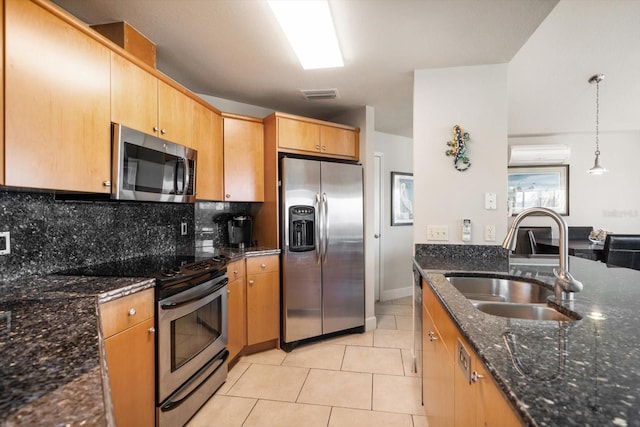 118 94th Ave, Treasure Island, FL 33706 - kitchen featuring a sink, dark stone counters, stainless steel appliances, decorative backsplash, and a wall unit AC
