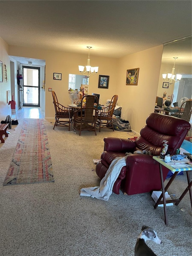 carpeted living room with a notable chandelier